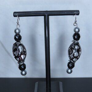 Handmade Earrings with Black and Silver Color Glass Beads